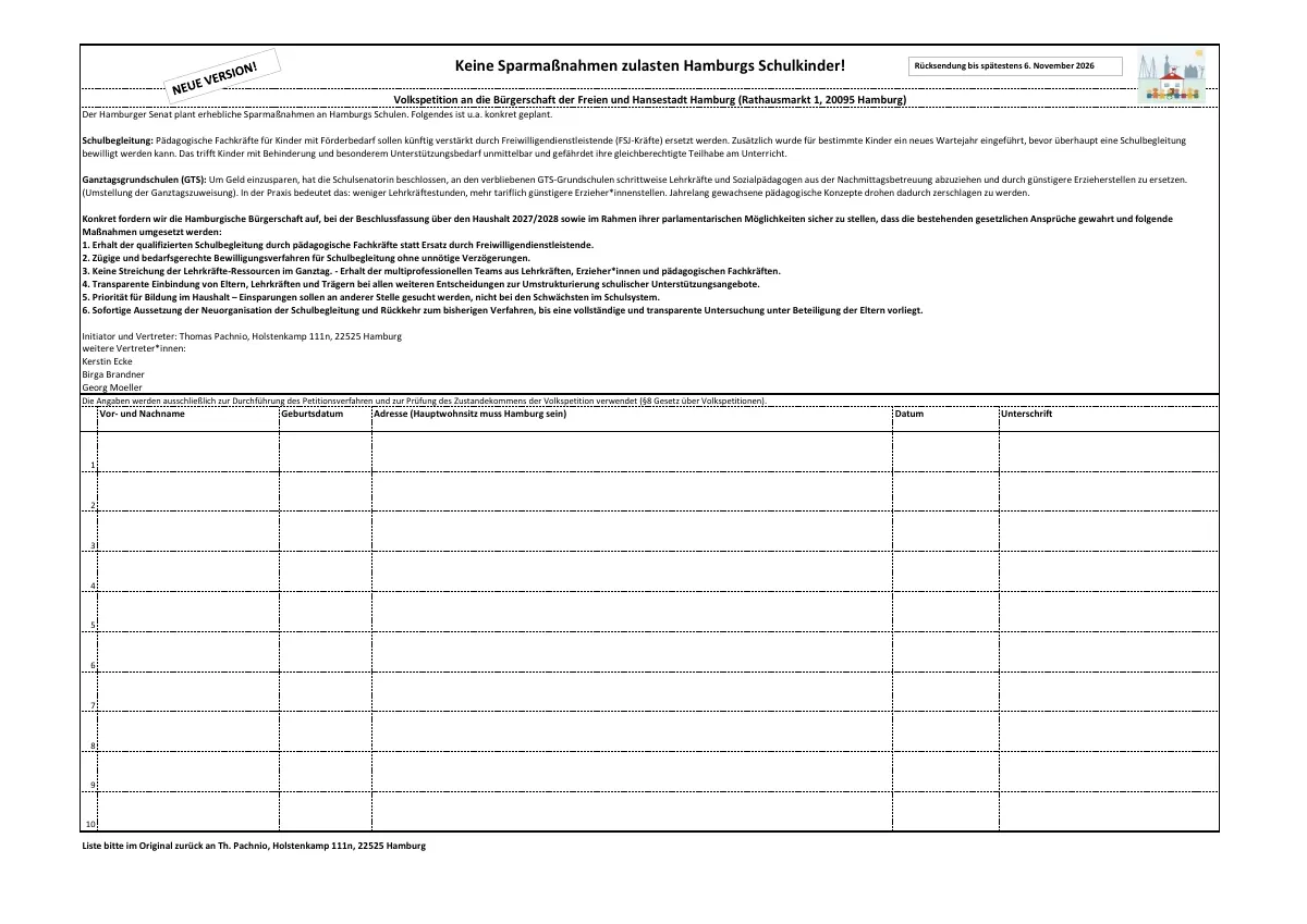 Vorschau der zweiten, horizontalen Seite der Unterschriftenliste zur Volkspetition